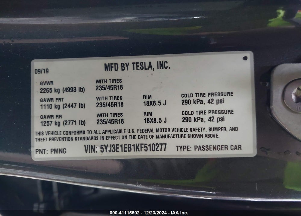 2019 TESLA MODEL 3 LONG RANGE/PERFORMANCE VIN: 5YJ3E1EB1KF510277