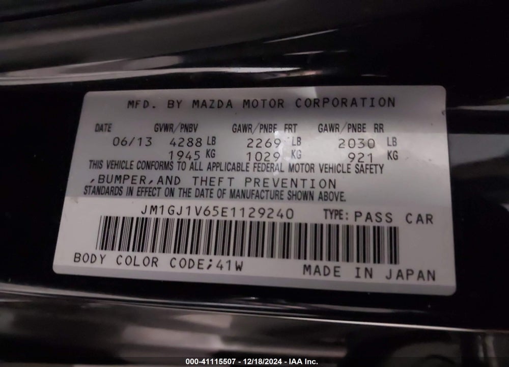 2014 MAZDA 6 I TOURING VIN: JM1GJ1V65E1129240