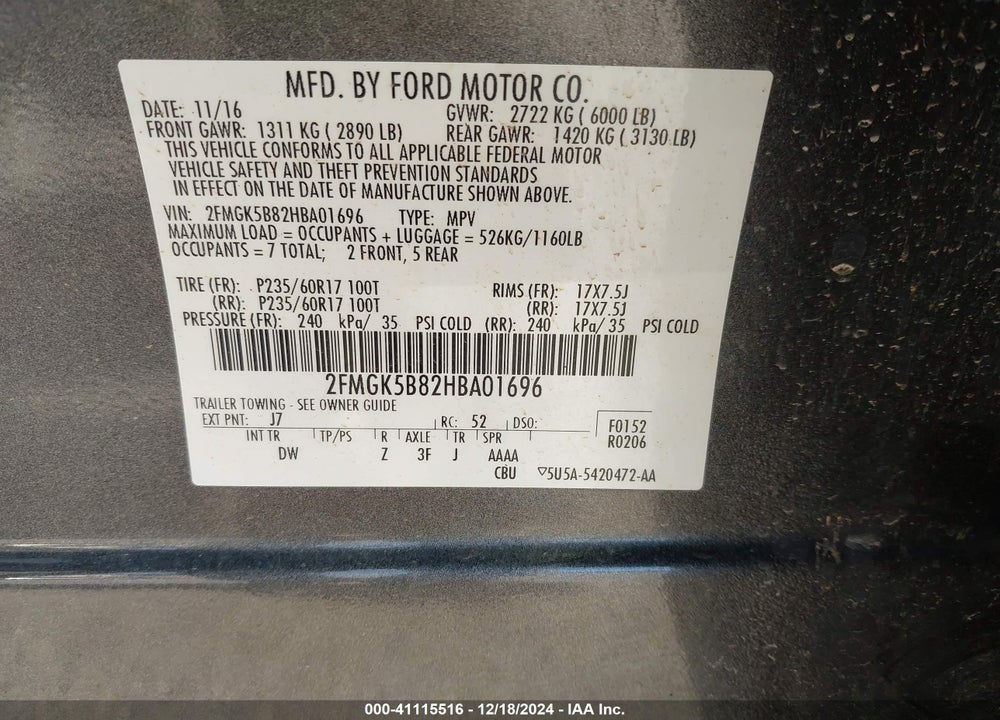 2017 FORD FLEX SE VIN: 2FMGK5B82HBA01696