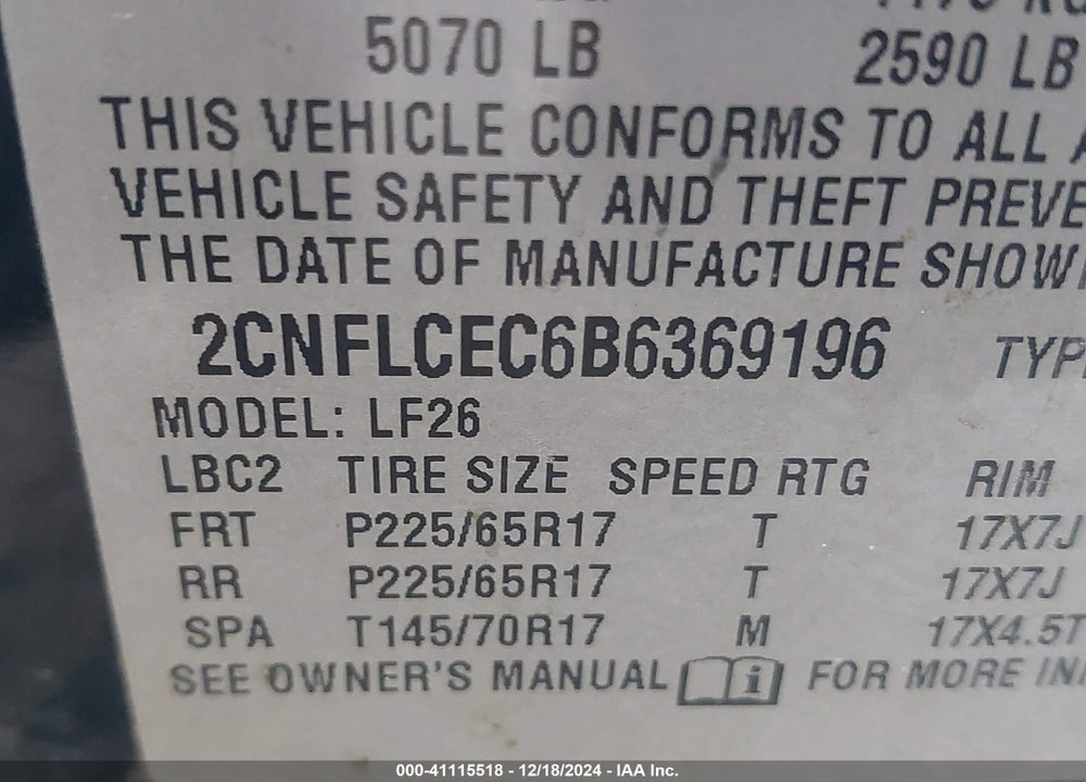 2011 CHEVROLET EQUINOX LS VIN: 2CNFLCEC6B6369196