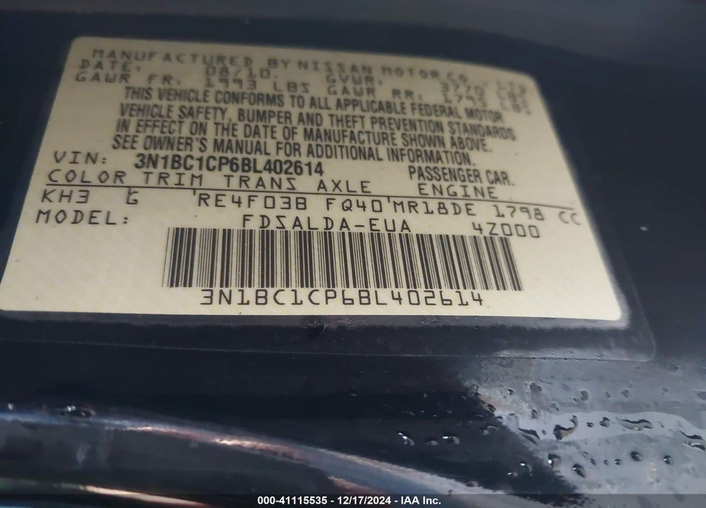2011 NISSAN VERSA 1.8S VIN: 3N1BC1CP6BL402614