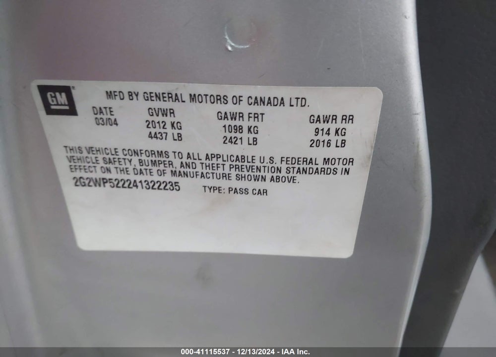 2004 PONTIAC GRAND PRIX GT1 VIN: 2G2WP522241322235