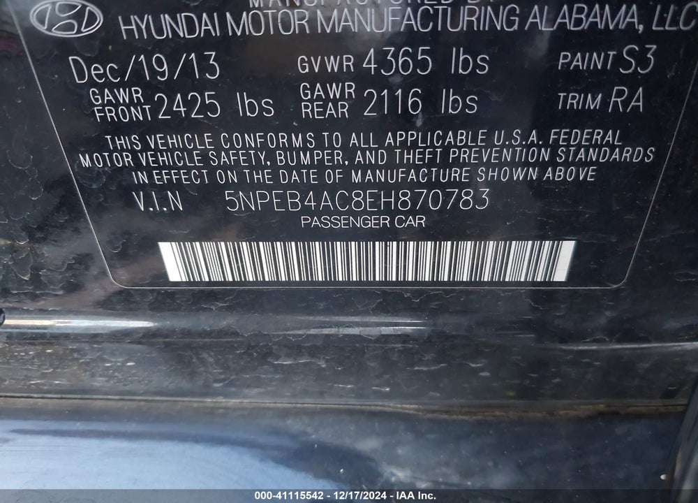 2014 HYUNDAI SONATA VIN: 5NPEB4AC8EH870783