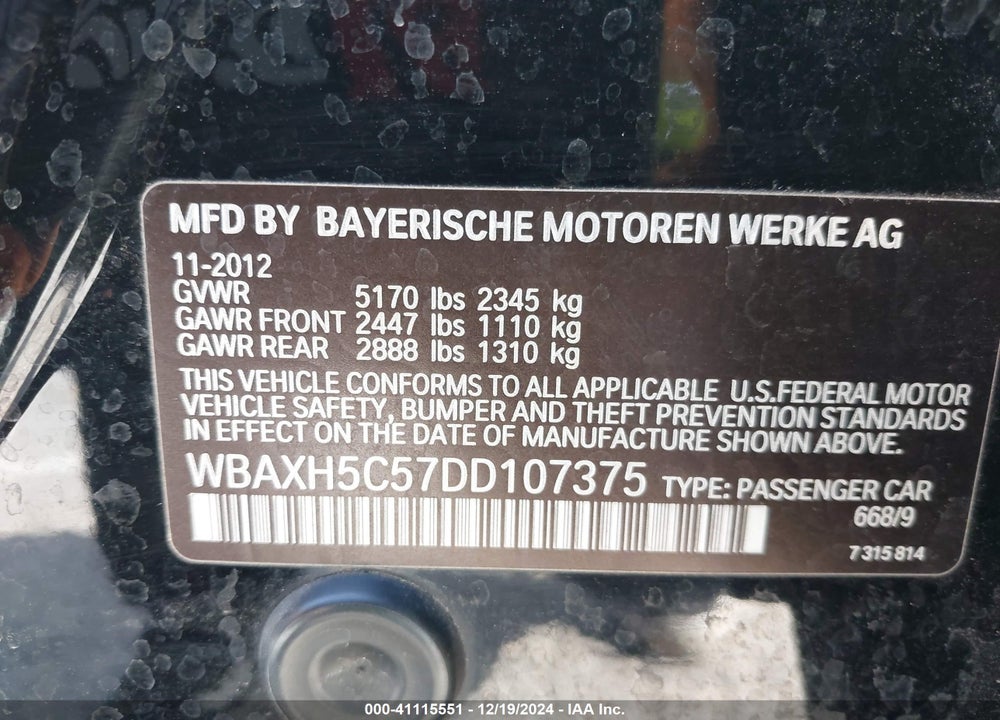 2013 BMW 528I VIN: WBAXH5C57DD107375