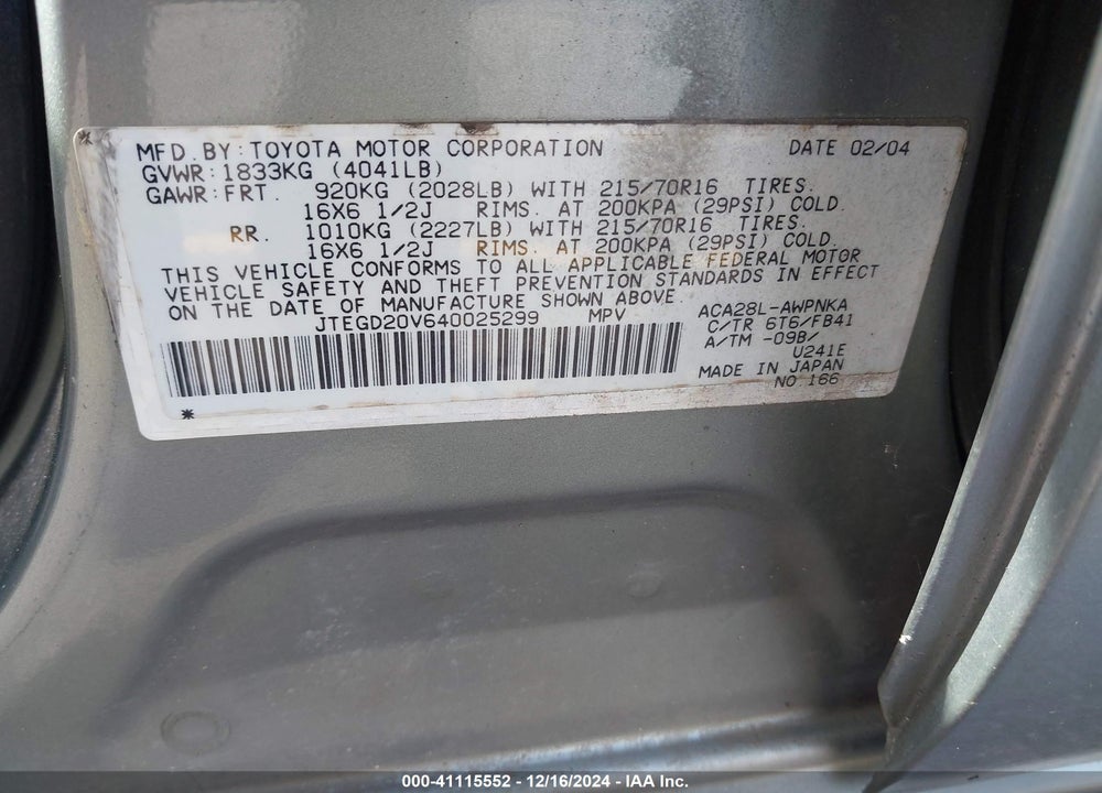 2004 TOYOTA RAV4 VIN: JTEGD20V640025299