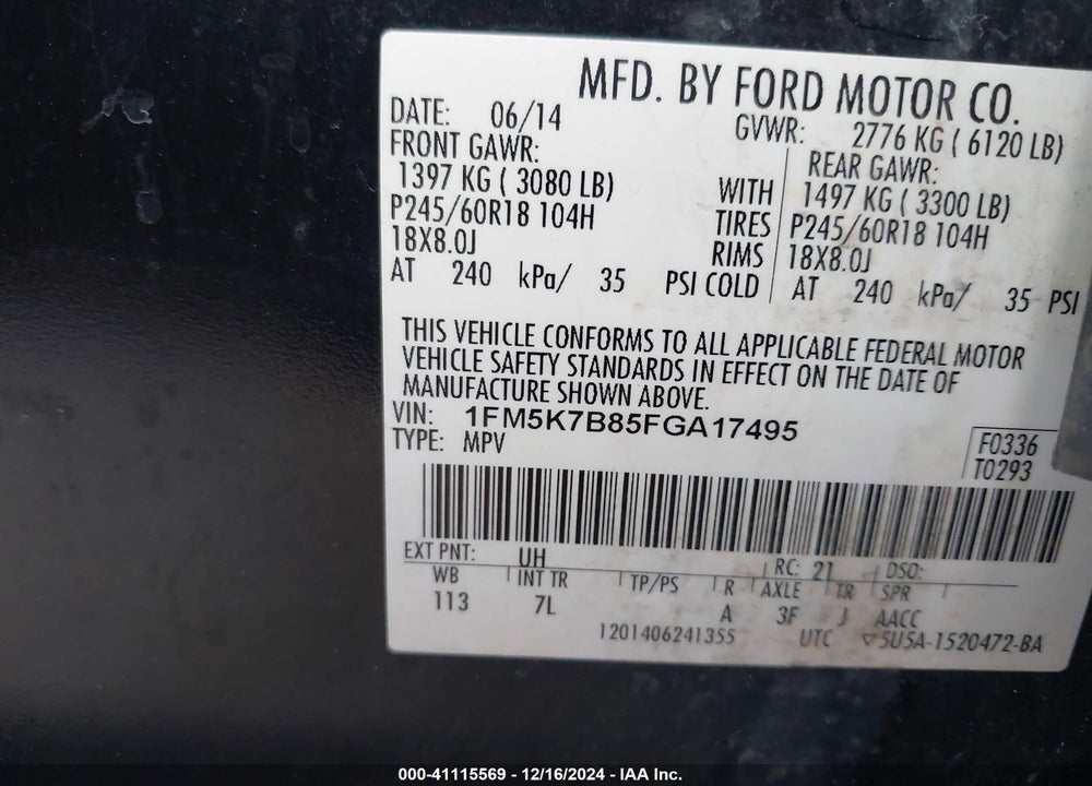 2015 FORD EXPLORER VIN: 1FM5K7B85FGA17495