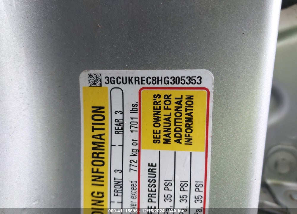 2017 CHEVROLET SILVERADO 1500 VIN: 3GCUKREC8HG305353