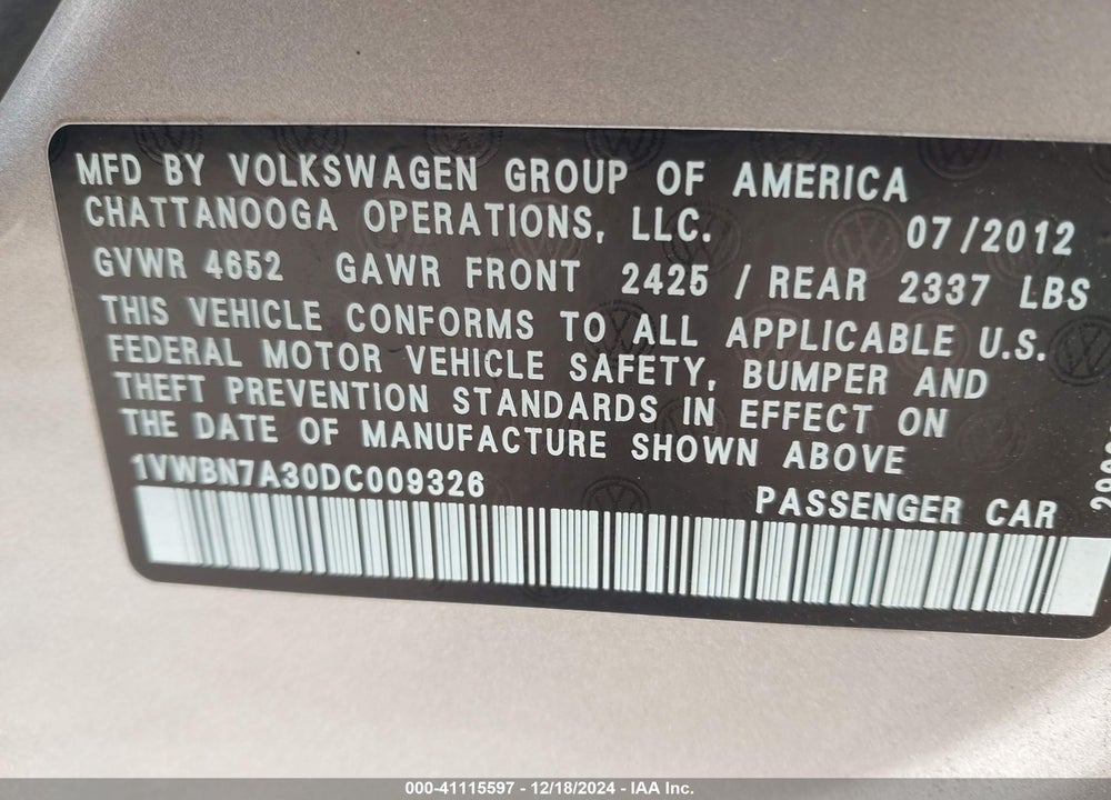 2013 VOLKSWAGEN PASSAT VIN: 1VWBN7A30DC009326