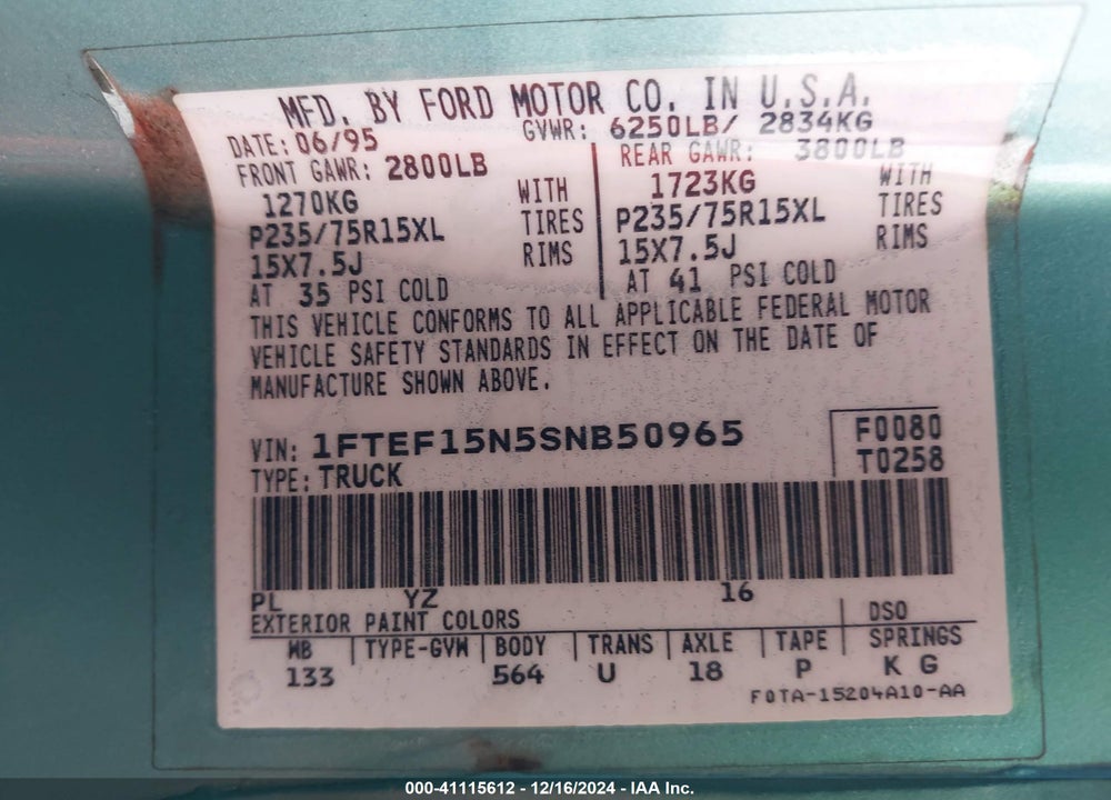 1995 FORD F150 VIN: 1FTEF15N5SNB50965