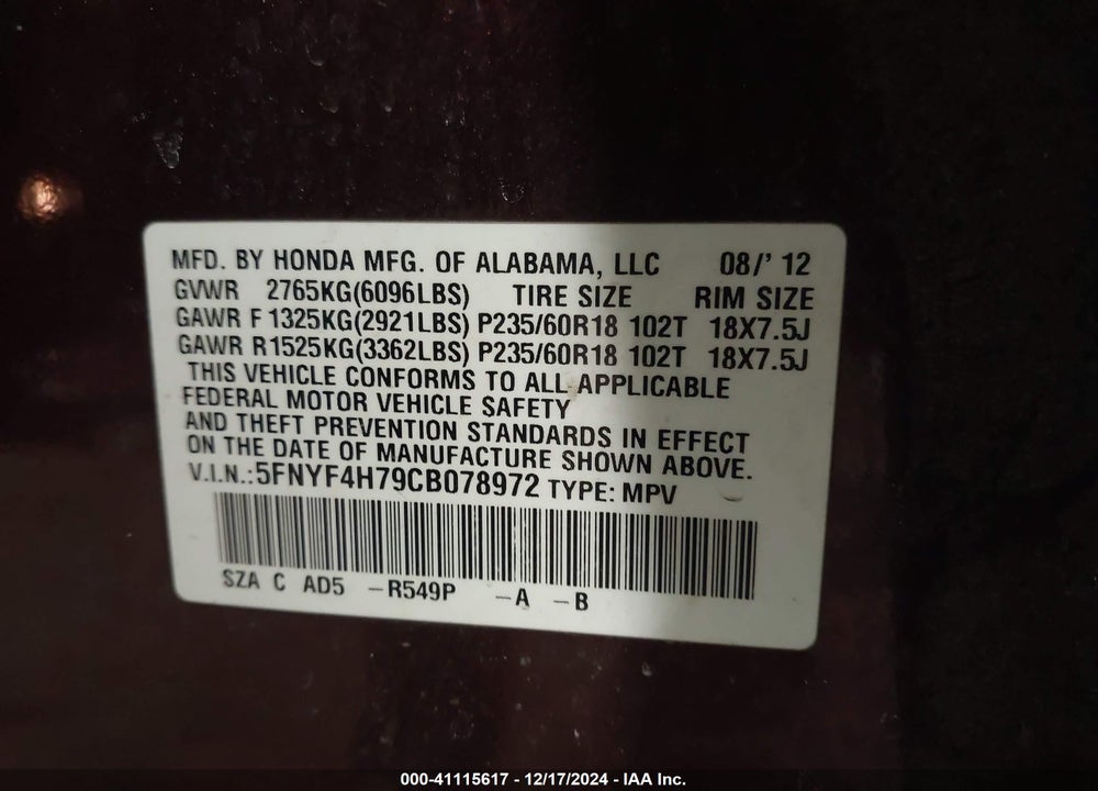 2012 HONDA PILOT EX-L VIN: 5FNYF4H79CB078972
