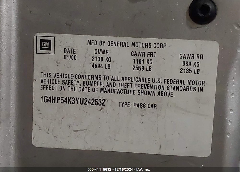 2000 BUICK LESABRE CUSTOM VIN: 1G4HP54K3YU242532