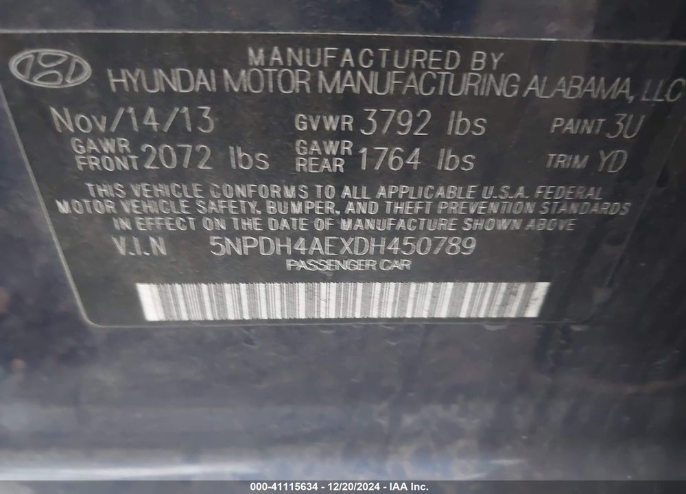 2013 HYUNDAI ELANTRA GLS VIN: 5NPDH4AEXDH450789