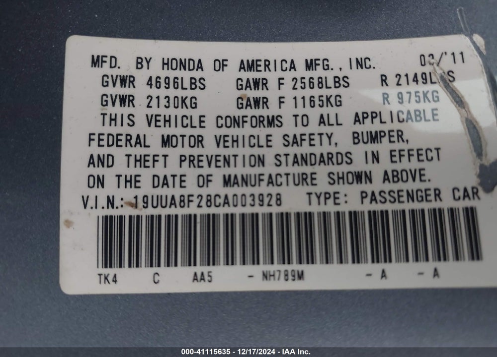 2012 ACURA TL 3.5 VIN: 19UUA8F28CA003928