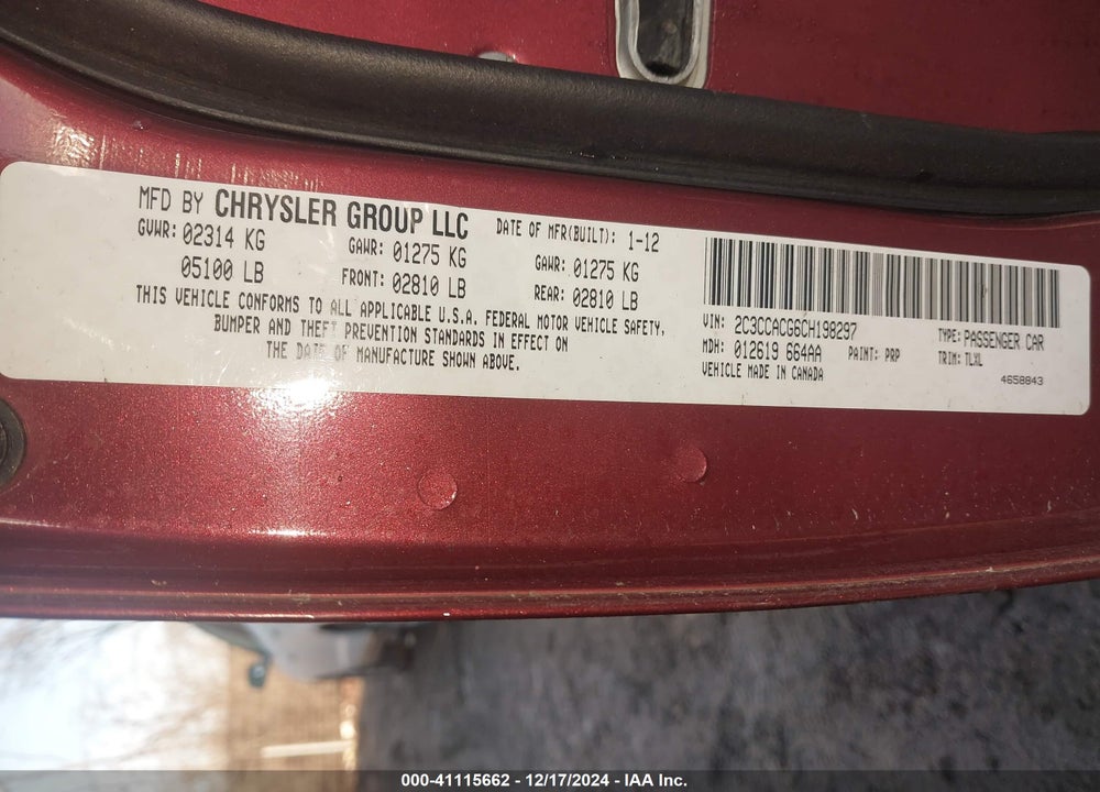 2012 CHRYSLER 300 LIMITED VIN: 2C3CCACG6CH198297