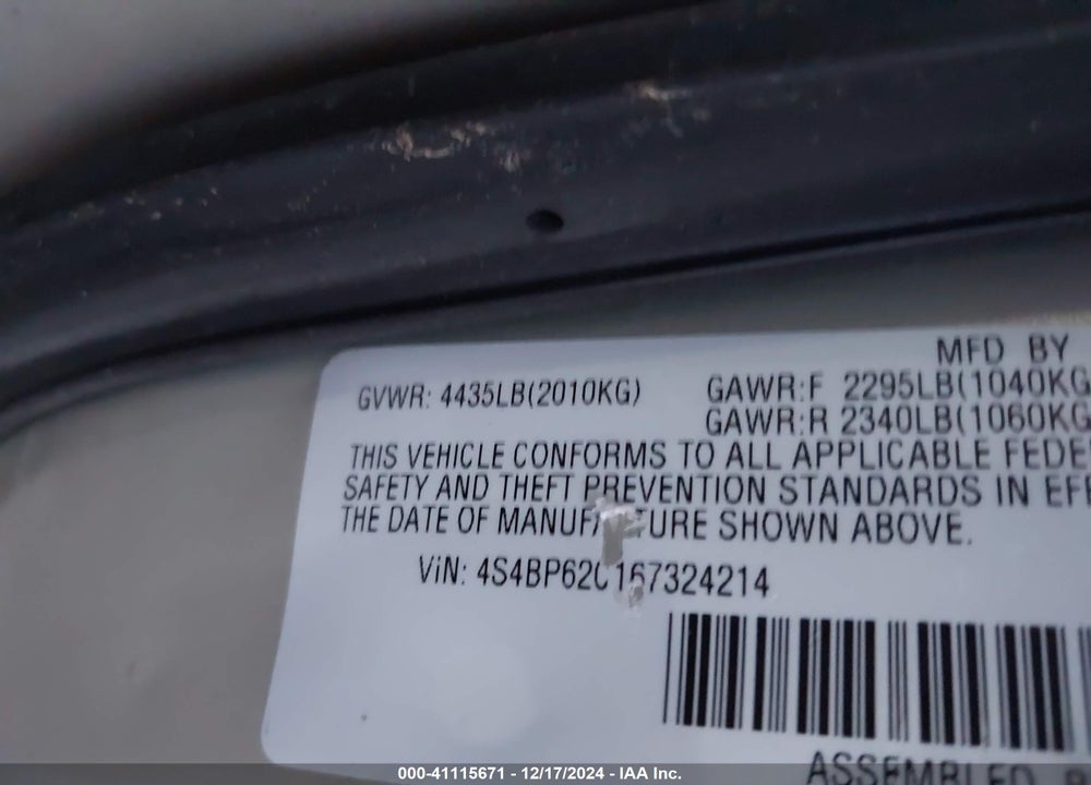 2006 SUBARU OUTBACK 2.5I LIMITED VIN: 4S4BP62C167324214