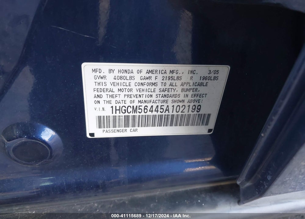 2005 HONDA ACCORD 2.4 LX VIN: 1HGCM56445A102199