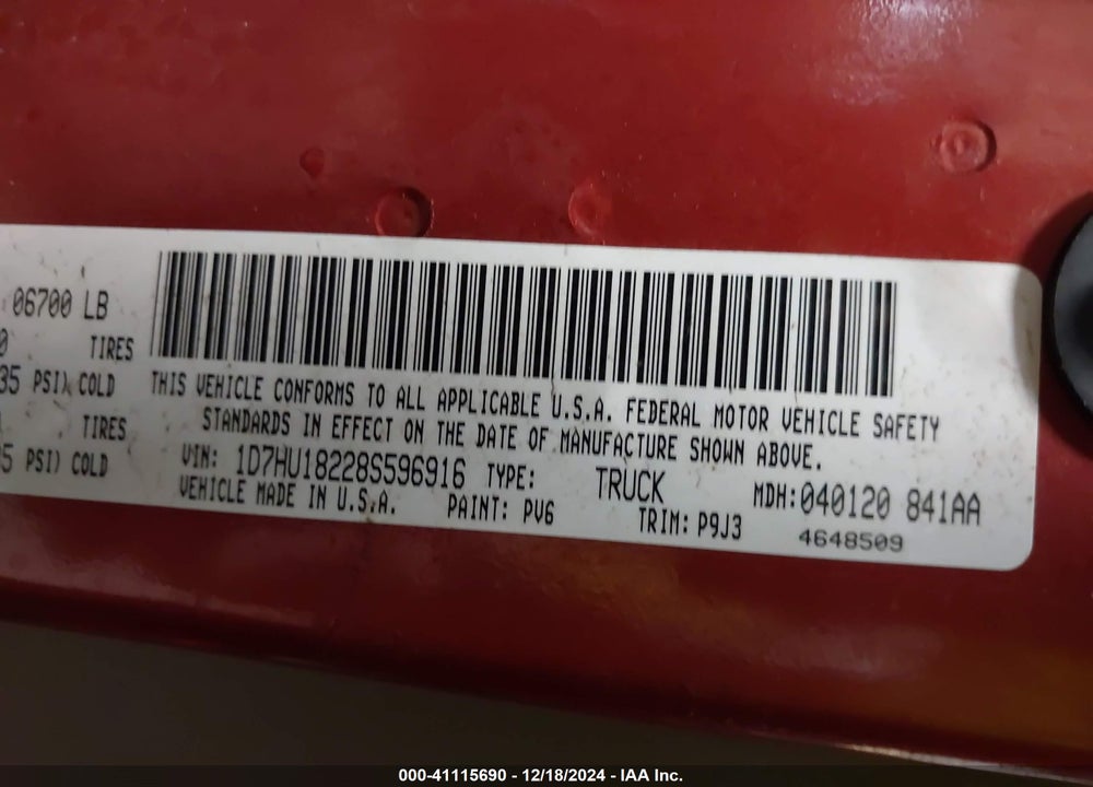 2008 DODGE RAM 1500 SLT VIN: 1D7HU18228S596916