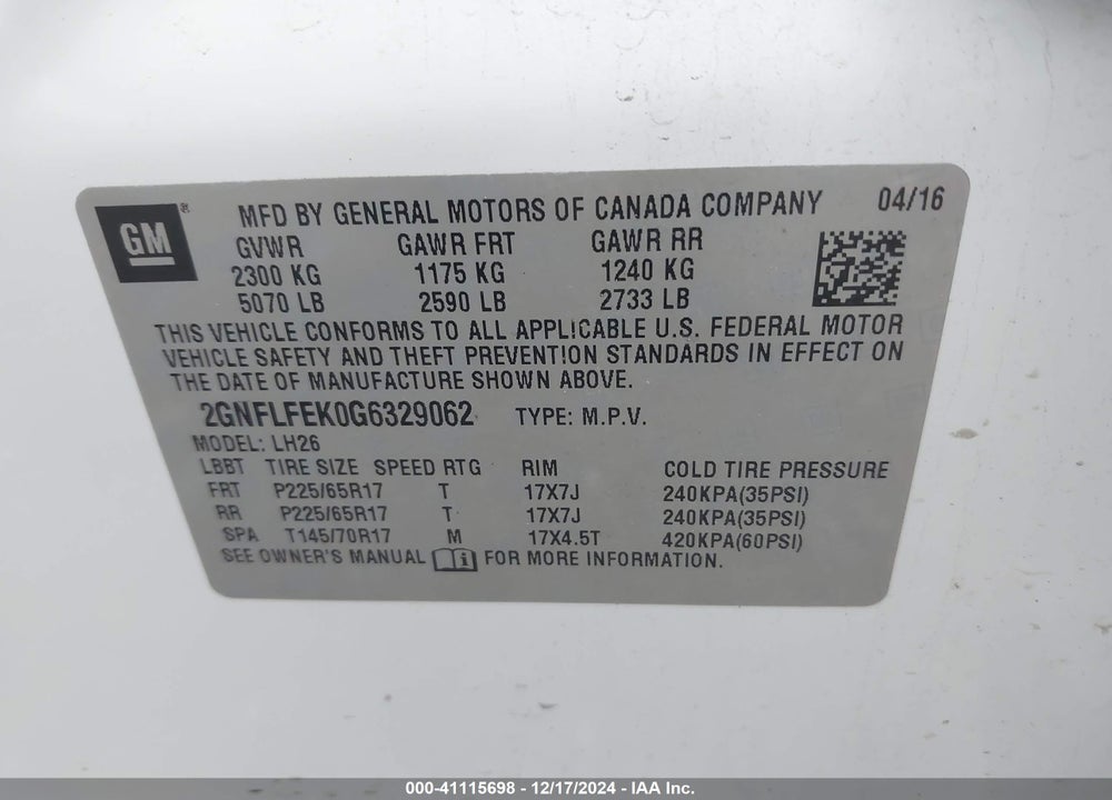 2016 CHEVROLET EQUINOX LT VIN: 2GNFLFEK0G6329062