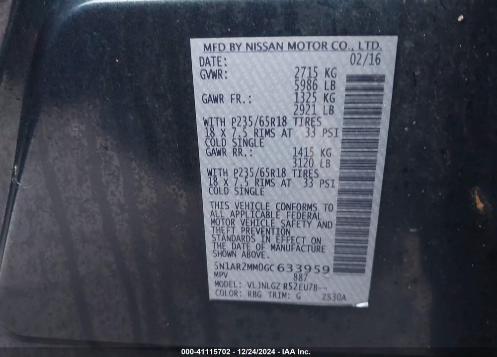 2016 NISSAN PATHFINDER SL VIN: 5N1AR2MM0GC633959