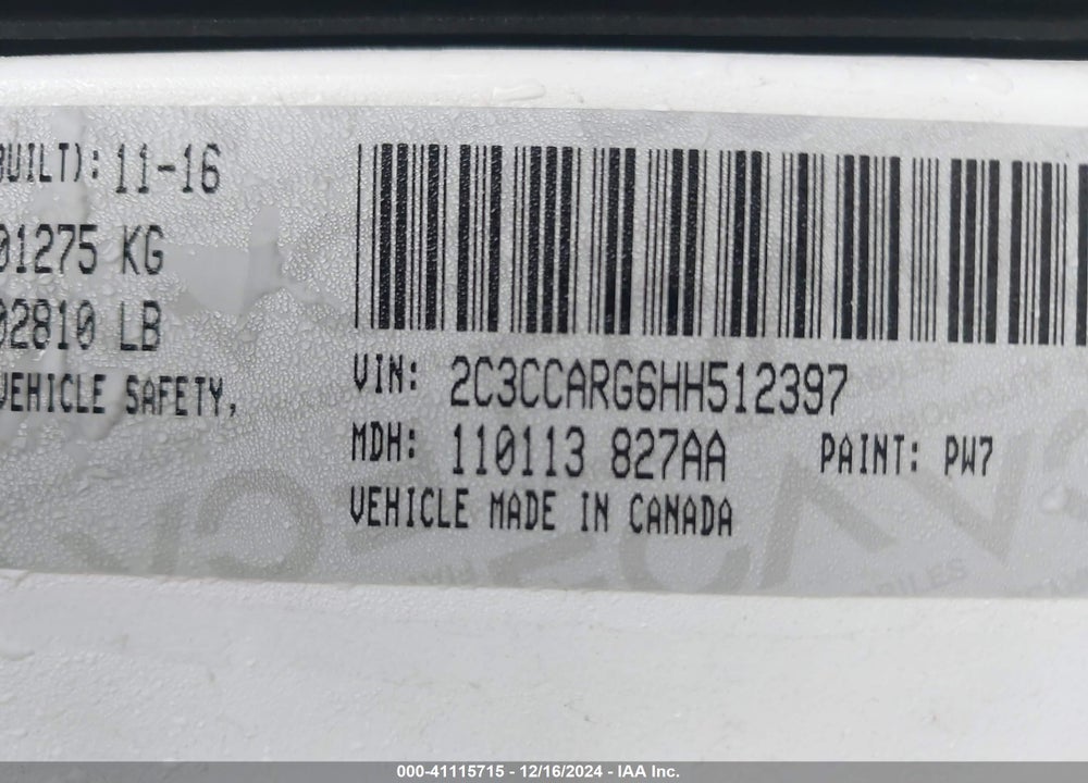 2017 CHRYSLER 300 VIN: 2C3CCARG6HH512397