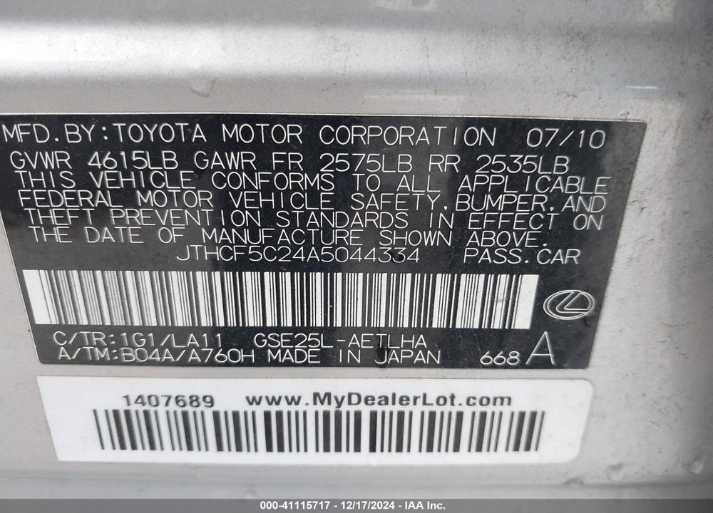 2010 LEXUS IS 250 VIN: JTHCF5C24A5044334