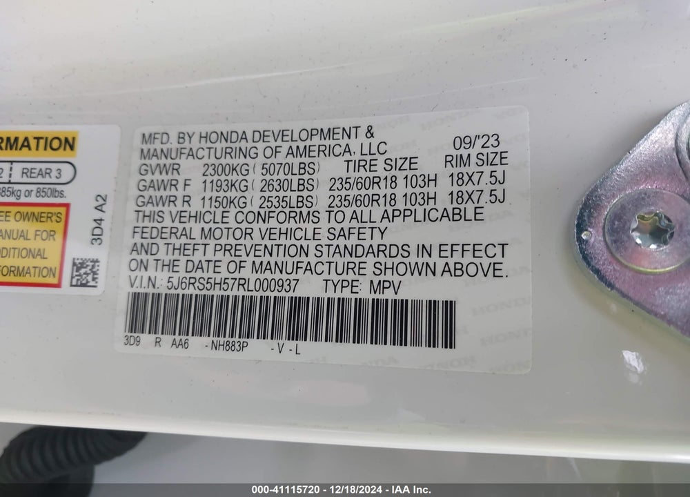 2024 HONDA CR-V HYBRID SPORT VIN: 5J6RS5H57RL000937