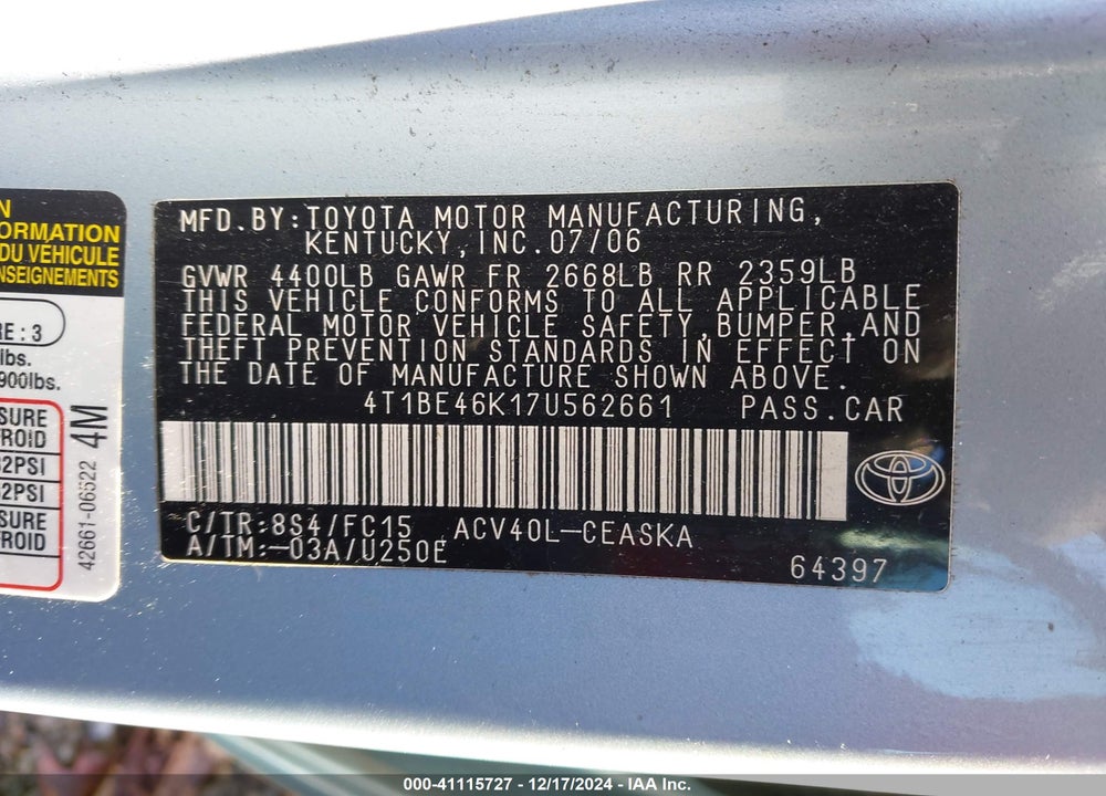 2007 TOYOTA CAMRY SE VIN: 4T1BE46K17U562661