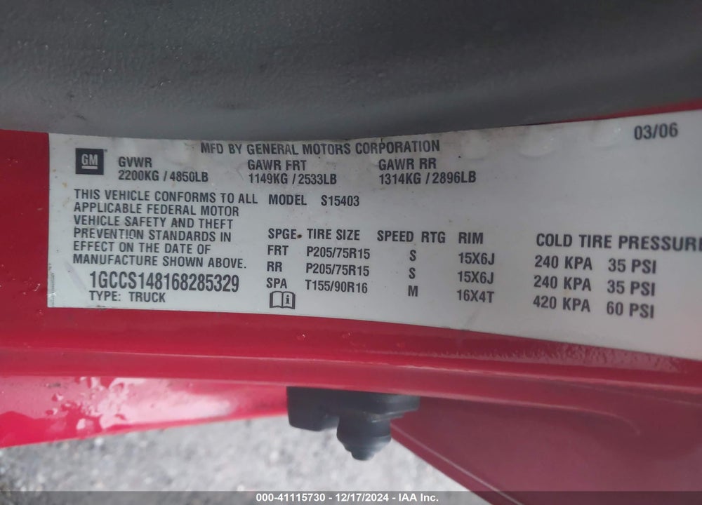 2006 CHEVROLET COLORADO LS VIN: 1GCCS148168285329