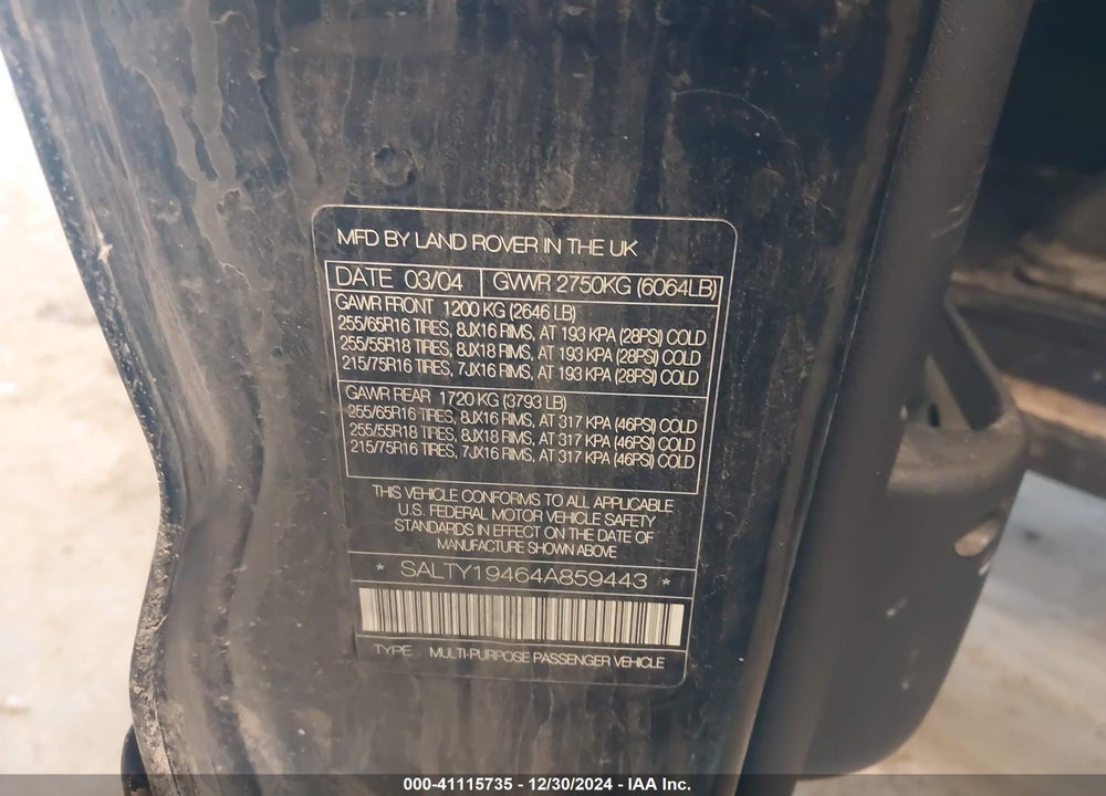 2004 LAND ROVER DISCOVERY SE VIN: SALTY19464A859443