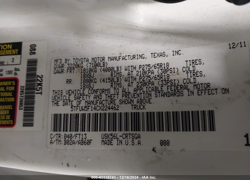 2012 TOYOTA TUNDRA VIN: 5TFUW5F14CX224462
