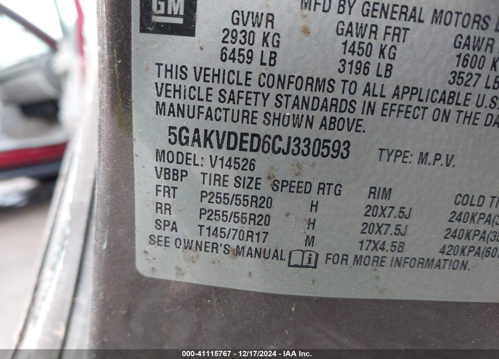 2012 BUICK ENCLAVE PREMIUM VIN: 5GAKVDED6CJ330593