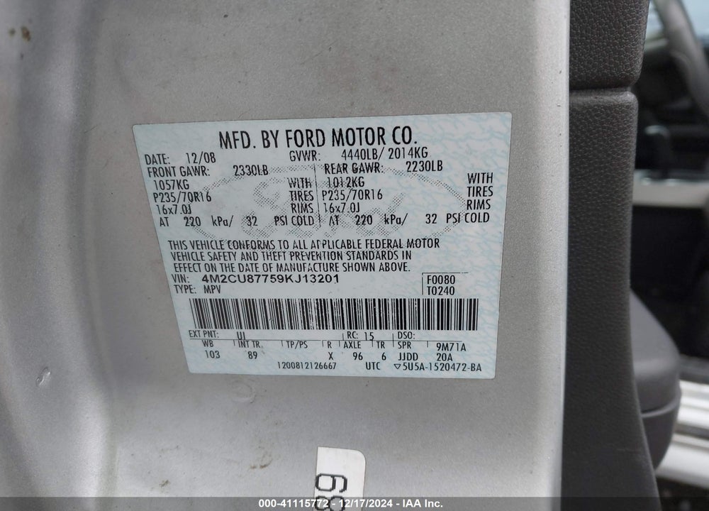2009 MERCURY MARINER PREMIER VIN: 4M2CU87759KJ13201