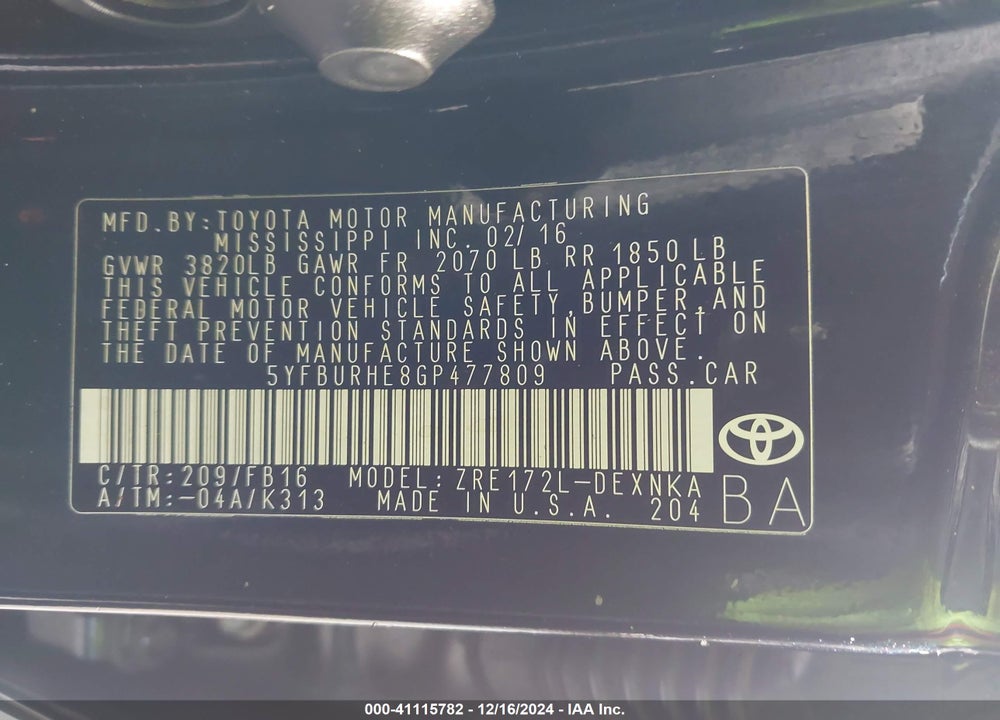 2016 TOYOTA COROLLA LE VIN: 5YFBURHE8GP477809