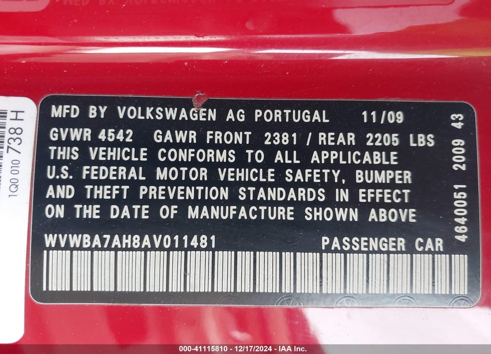 2010 VOLKSWAGEN EOS KOMFORT VIN: WVWBA7AH8AV011481