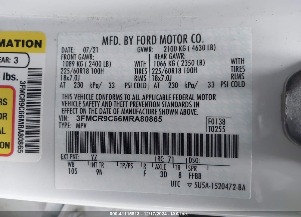 2021 FORD BRONCO SPORT OUTER BANKS VIN: 3FMCR9C66MRA80865