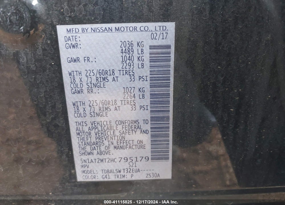 2017 NISSAN ROGUE SL VIN: 5N1AT2MT2HC795179