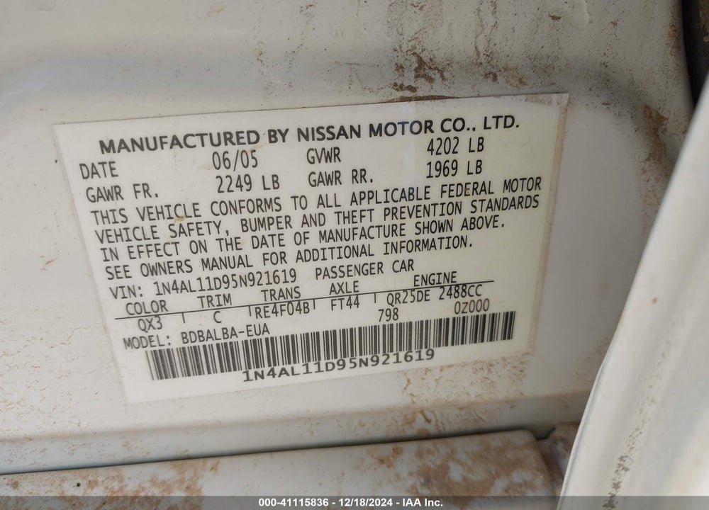 2005 NISSAN ALTIMA 2.5 S VIN: 1N4AL11D95N921619