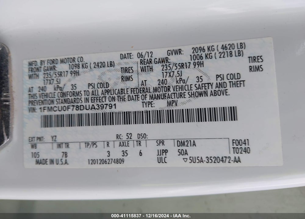 2013 FORD ESCAPE S VIN: 1FMCU0F78DUA39791