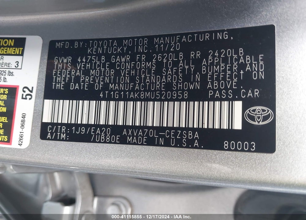 2021 TOYOTA CAMRY VIN: 4T1G11AK8MU520958