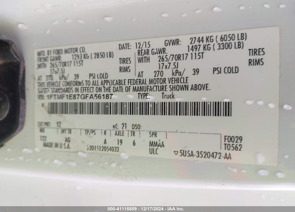 2016 FORD F-150 XL VIN: 1FTMF1E87GFA56187