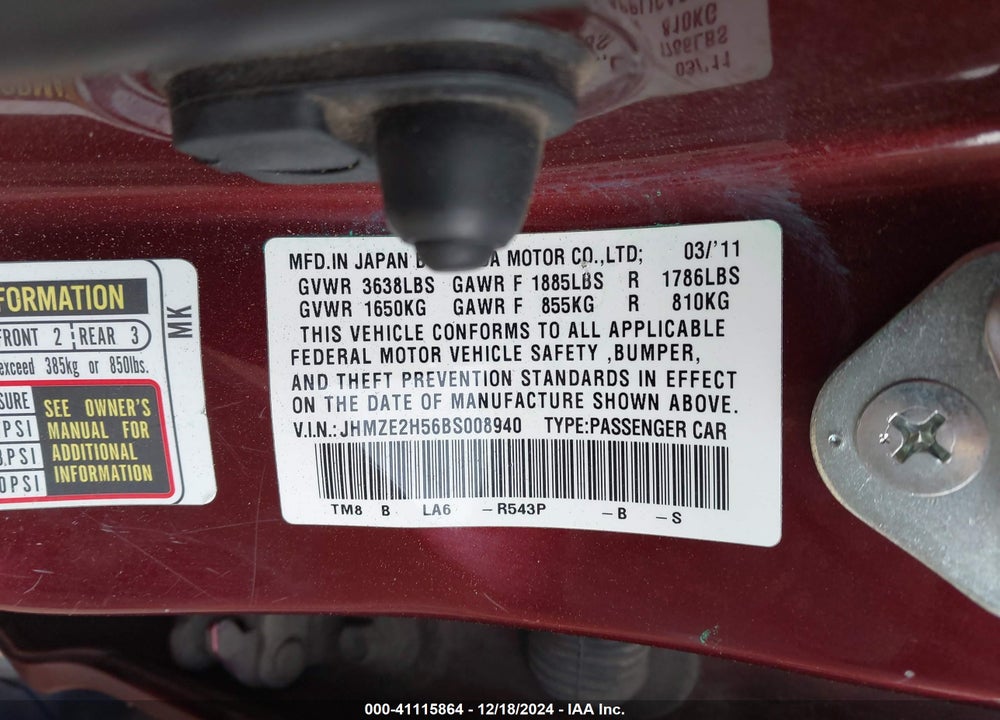 2011 HONDA INSIGHT LX VIN: JHMZE2H56BS008940