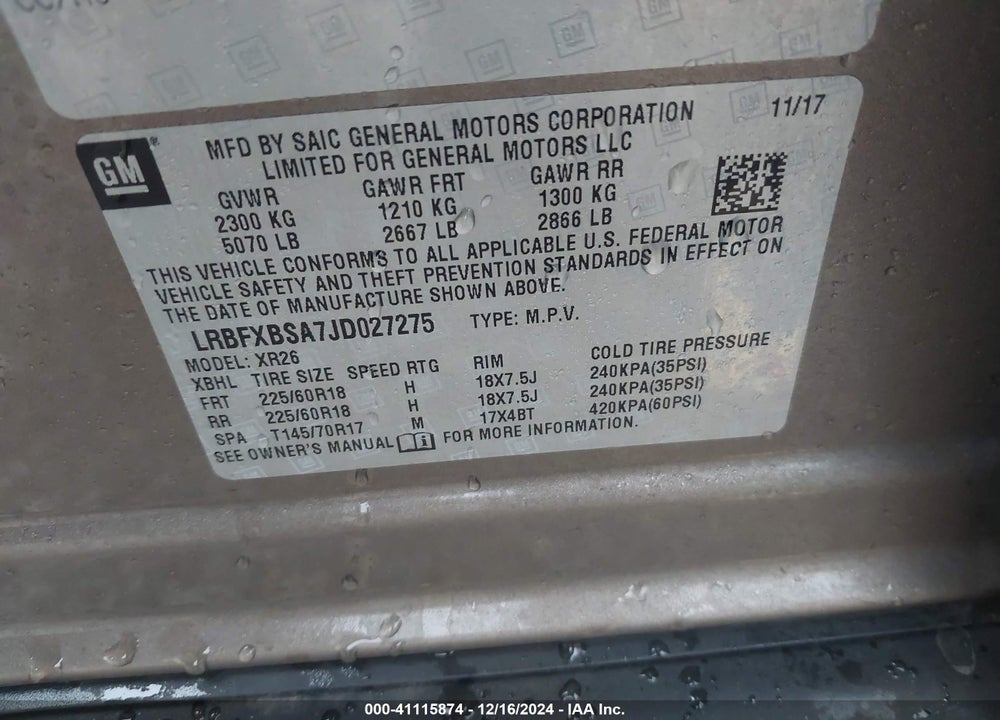 2018 BUICK ENVISION PREFERRED VIN: LRBFXBSA7JD027275