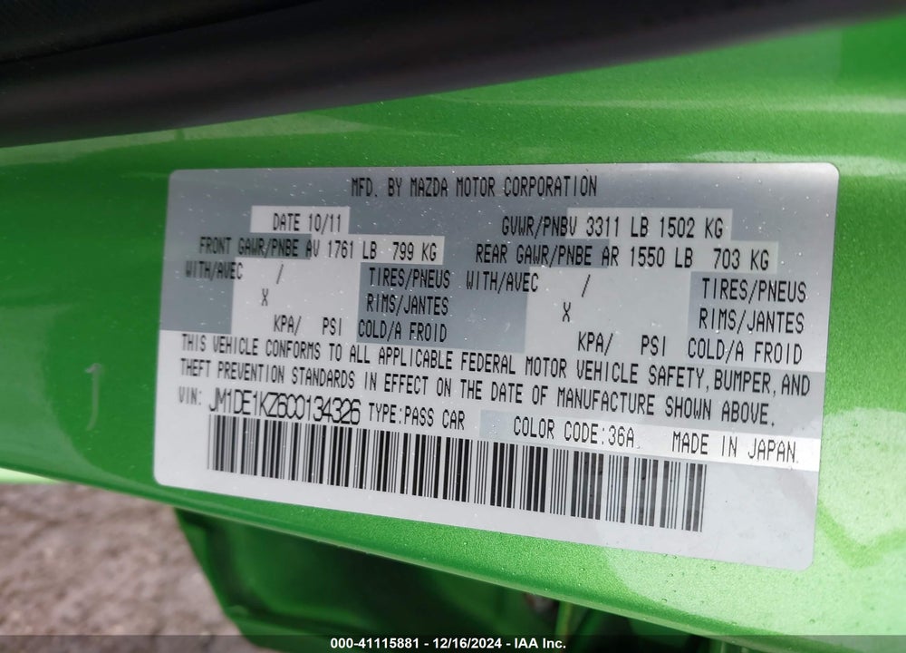 2012 MAZDA 2 SPORT VIN: JM1DE1KZ6C0134326