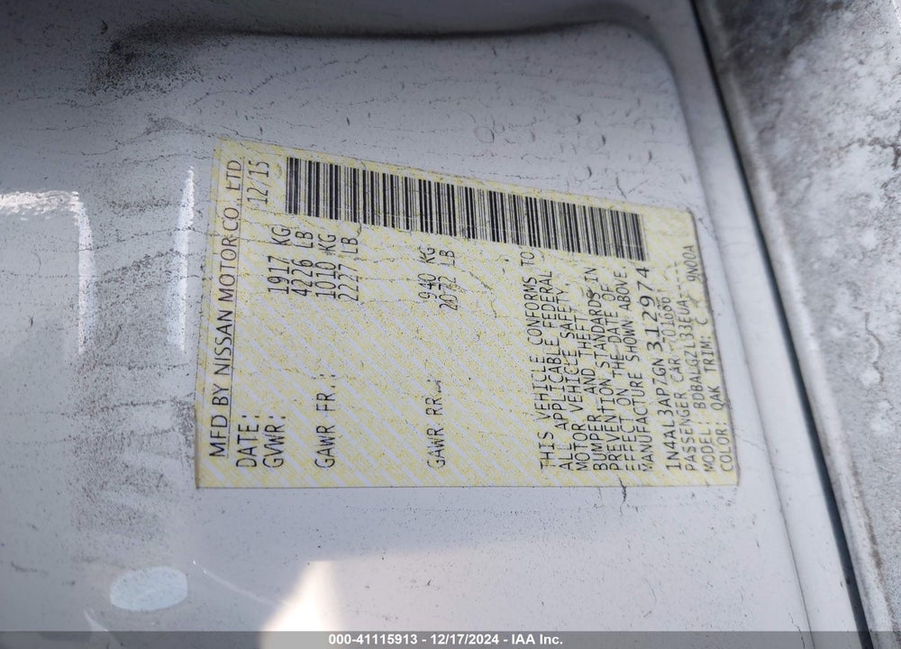 2016 NISSAN ALTIMA 2.5/2.5 S/2.5 SL/2.5 SR/2.5 SV VIN: 1N4AL3AP7GN312974