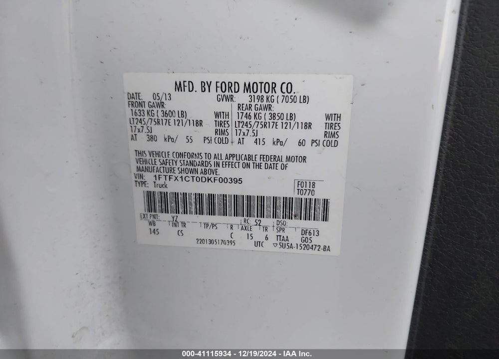 2013 FORD F-150 VIN: 1FTFX1CT0DKF00395