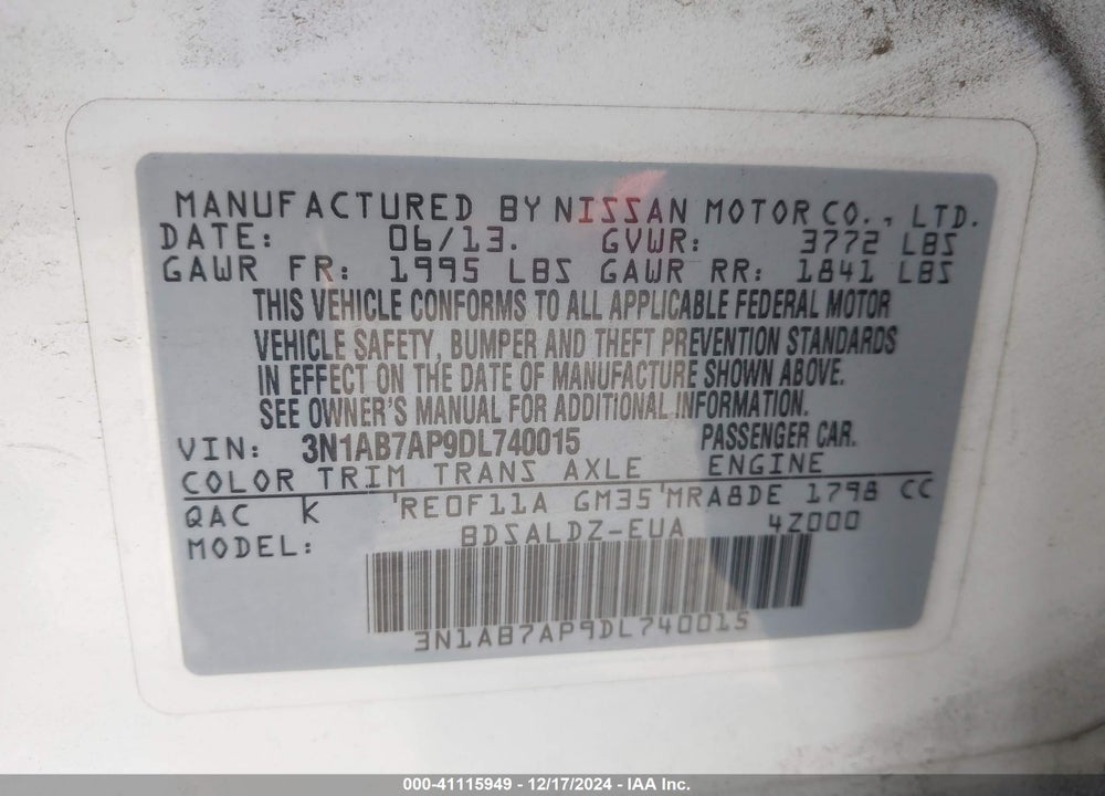 2013 NISSAN SENTRA SV VIN: 3N1AB7AP9DL740015
