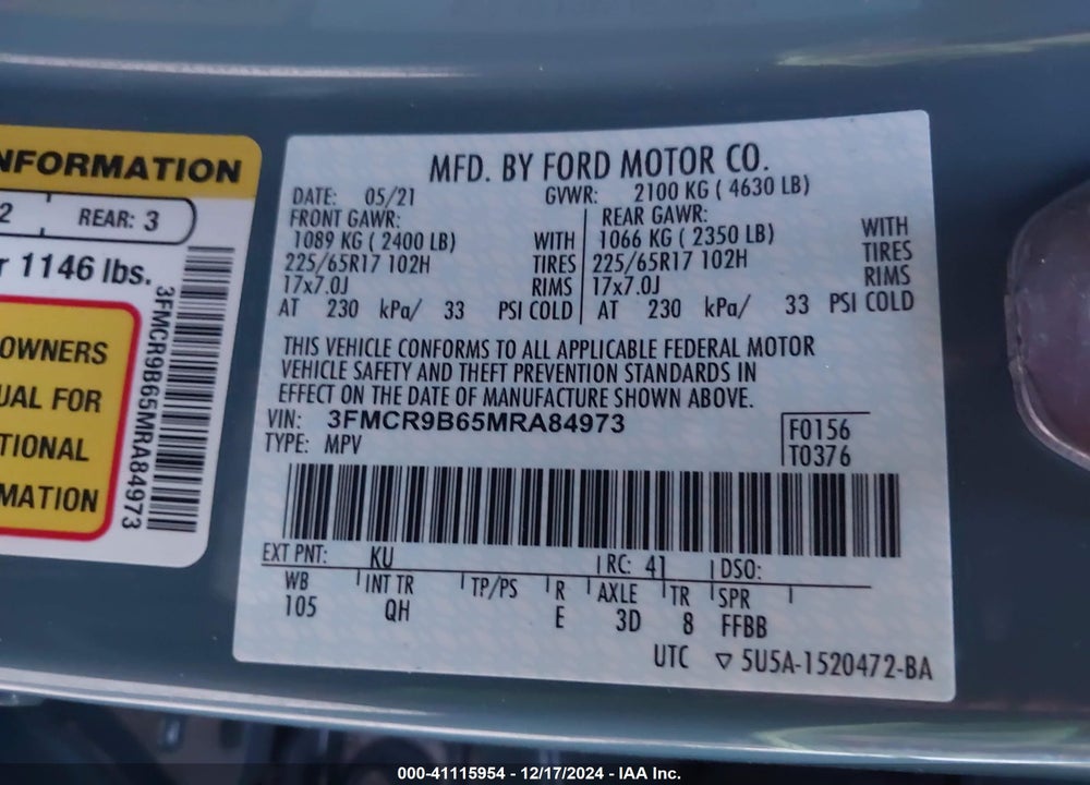 2021 FORD BRONCO SPORT BIG BEND VIN: 3FMCR9B65MRA84973