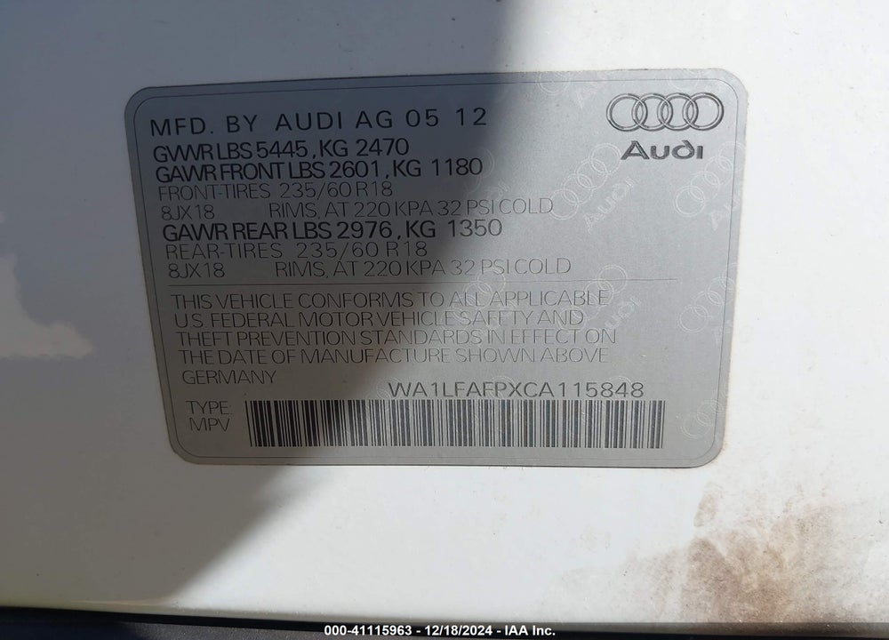 2012 AUDI Q5 2.0T PREMIUM VIN: WA1LFAFPXCA115848