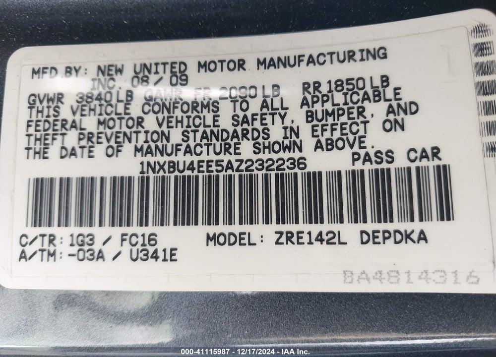 2010 TOYOTA COROLLA LE VIN: 1NXBU4EE5AZ232236
