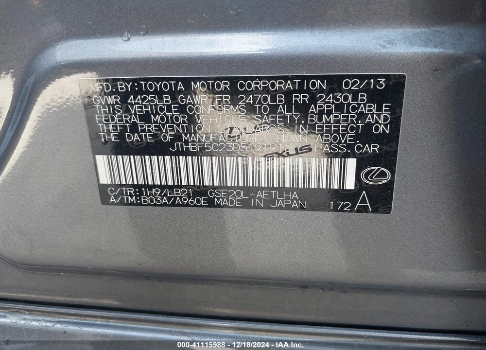 2013 LEXUS IS 250 VIN: JTHBF5C23D5191910